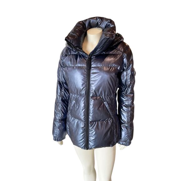 S13 Women's Metallic Puffer Coat Blue Black Medium - Picture 1 of 10